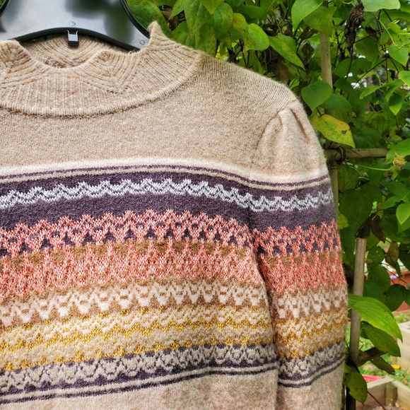 Anthropologie Ett:Twa Fargo Fair Isle Sweater Alpaca Blend Mock Neck Striped Tan - Picture 12 of 13